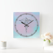 Silver Caduceus Medical Symbool Moeder Pareldecor Vierkante Klok (Huis)