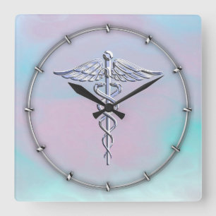 Silver Caduceus Medical Symbool Moeder Pareldecor Vierkante Klok