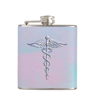 Silver Caduceus Medical Symbool Moeder Pearl Heupfles