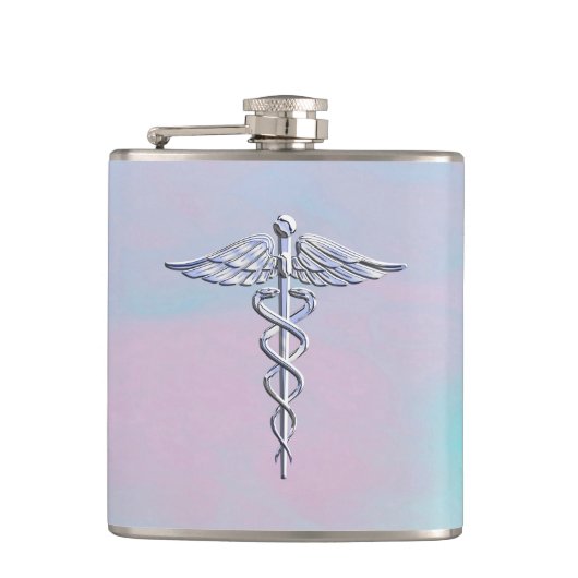 Silver Caduceus Medical Symbool Moeder Pearl Heupfles (Voorkant)