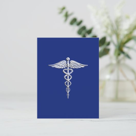 Silver Caduceus Medical Symbool op Navy Blue Decor Briefkaart (Staand voorkant)