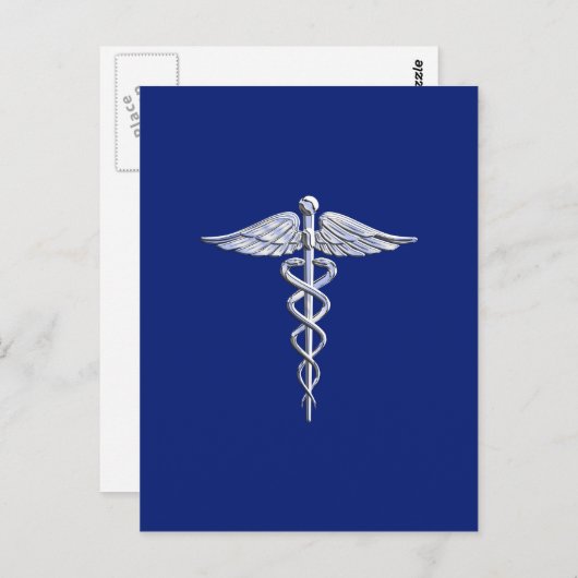 Silver Caduceus Medical Symbool op Navy Blue Decor Briefkaart (Voorkant / Achterkant)