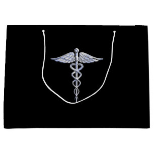 Silver Caduceus Medical Symbool op zwart Groot Cadeauzakje