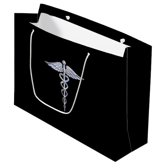 Silver Caduceus Medical Symbool op zwart Groot Cadeauzakje (Voorkant Gekanteld)