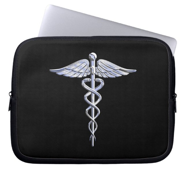 Silver Caduceus Medical Symbool op zwart Laptop Sleeve (Voorkant)