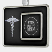 Silver Caduceus Medical Symbool op zwart Verzilverd Omlijst Ornament (Links)