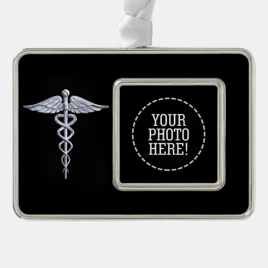 Silver Caduceus Medical Symbool op zwart Verzilverd Omlijst Ornament (Voorkant)