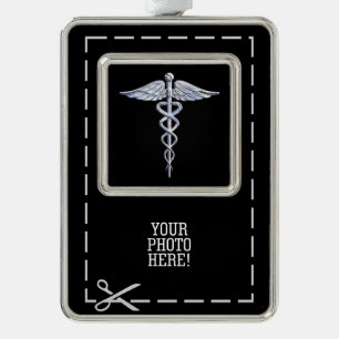 Silver Caduceus Medical Symbool op zwart Verzilverd Omlijst Ornament