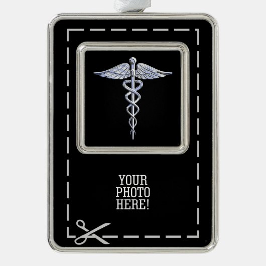 Silver Caduceus Medical Symbool op zwart Verzilverd Omlijst Ornament (Voorkant)