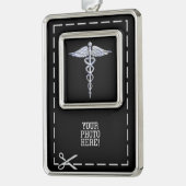 Silver Caduceus Medical Symbool op zwart Verzilverd Omlijst Ornament (Links)