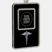 Silver Caduceus Medical Symbool op zwart Verzilverd Omlijst Ornament (Rechts)