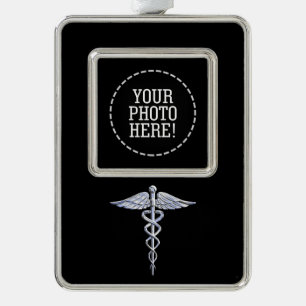 Silver Caduceus Medical Symbool op zwart Verzilverd Omlijst Ornament