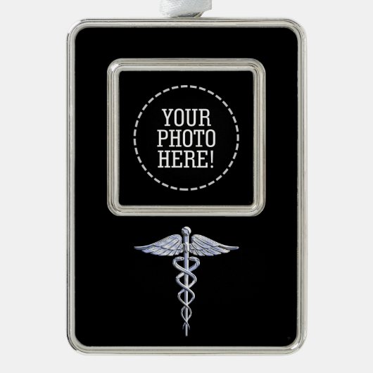 Silver Caduceus Medical Symbool op zwart Verzilverd Omlijst Ornament (Voorkant)