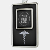 Silver Caduceus Medical Symbool op zwart Verzilverd Omlijst Ornament (Links)
