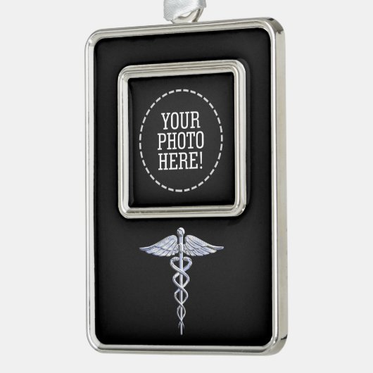 Silver Caduceus Medical Symbool op zwart Verzilverd Omlijst Ornament (Links)