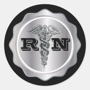 Silver Caduceus RN Nurse   Medisch Ronde Sticker