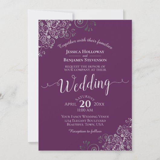 Silver Calligraphy Elegant Plum Purple Wedding Kaart (Voorkant)