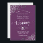 Silver Calligraphy Elegant Plum Purple Wedding Kaart<br><div class="desc">This beautiful wedding invitation features a simple yet elegant design with lacy script calligraphy on a plum purple background and frilly silver gray faux foil curls and swirls in the corners. The wording is formal,  but the layout is modern and stylish.</div>