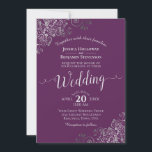 Silver Calligraphy Elegant Plum Purple Wedding Kaart<br><div class="desc">This beautiful wedding invitation features a simple yet elegant design with lacy script calligraphy on a plum purple background and frilly silver gray faux foil curls and swirls in the corners. The wording is formal,  but the layout is modern and stylish.</div>