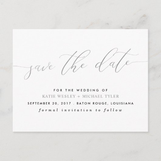 Silver Calligraphy Modern Save the Date Aankondigingskaart (Voorkant)
