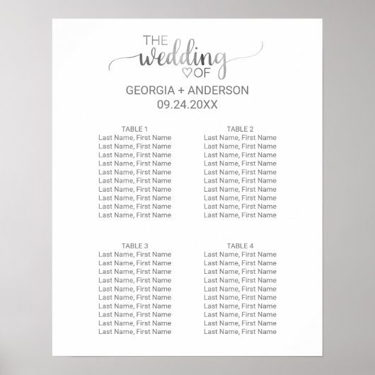 Silver Calligraphy Small Wedding Seating Chart Poster (Voorkant)