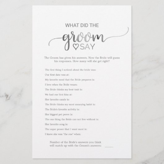 Silver Calligraphy What Do the Groom Say Game Flyer (Voorkant)