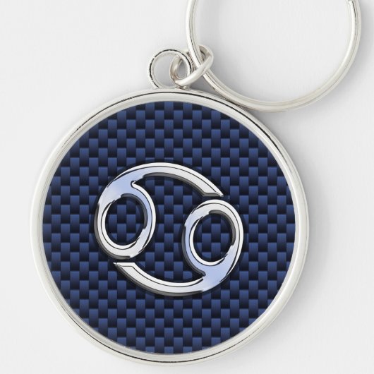 Silver Cancer Sign on Navy Blue Carbon Fiber Print Sleutelhanger (Voorkant)