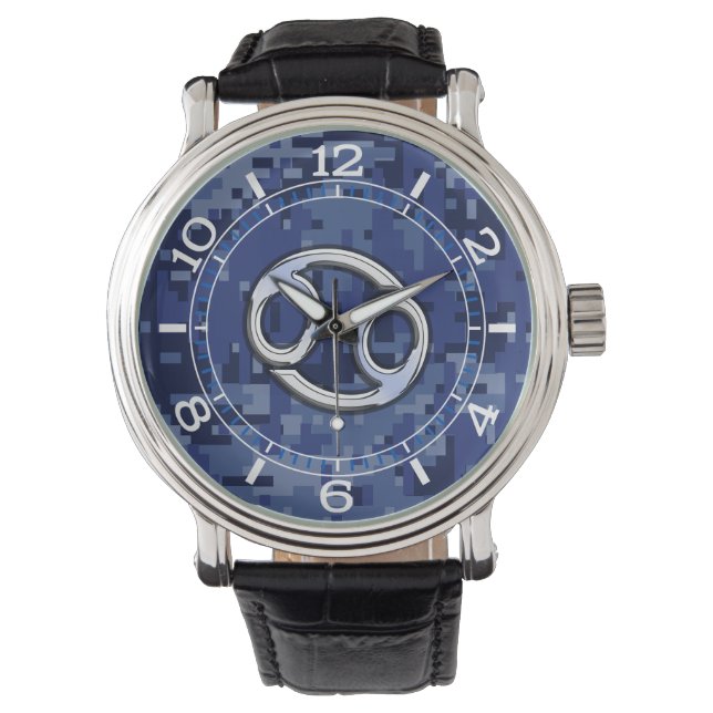 Silver Cancer Zodiac Sign Navy Blue Camo Dial Horloge (Voorkant)