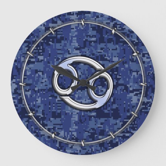 Silver Cancer Zodiac Sign Navy Blue Digital Camo Grote Klok (Voorkant)