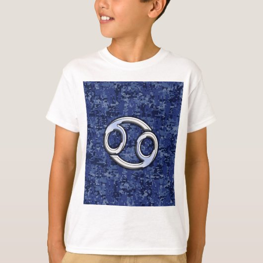 Silver Cancer Zodiac Sign Navy Blue Digital Camo T-shirt (Voorkant)