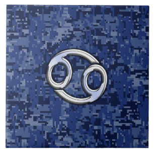 Silver Cancer Zodiac Sign Navy Blue Digital Camo Tegeltje
