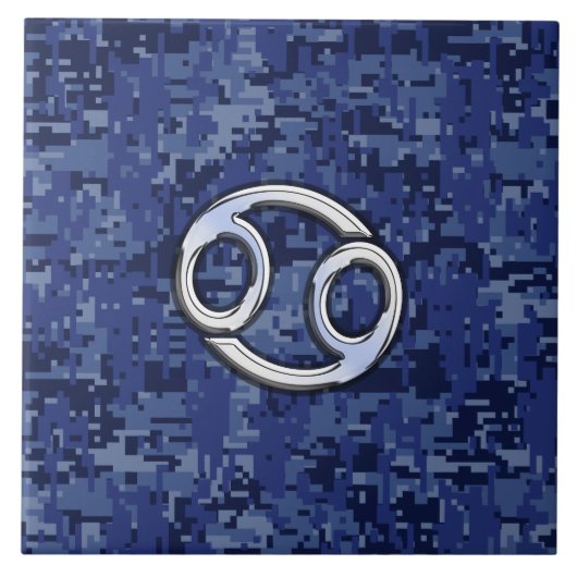 Silver Cancer Zodiac Sign Navy Blue Digital Camo Tegeltje (Voorkant)