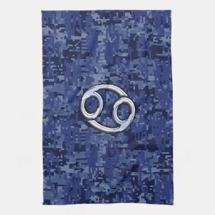 Silver Cancer Zodiac Sign Navy Blue Digital Camo Theedoek