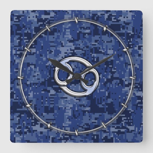 Silver Cancer Zodiac Sign Navy Blue Digital Camo Vierkante Klok (Voorkant)