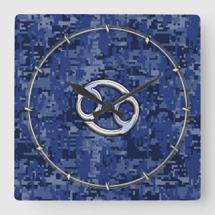 Silver Cancer Zodiac Sign Navy Blue Digital Camo Vierkante Klok