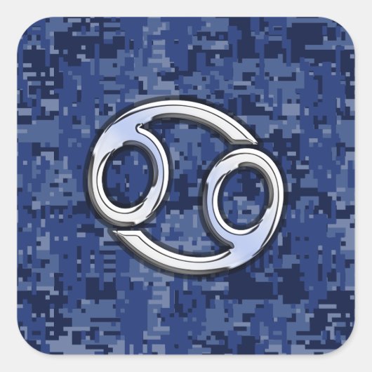 Silver Cancer Zodiac Sign Navy Blue Digital Camo Vierkante Sticker (Voorkant)