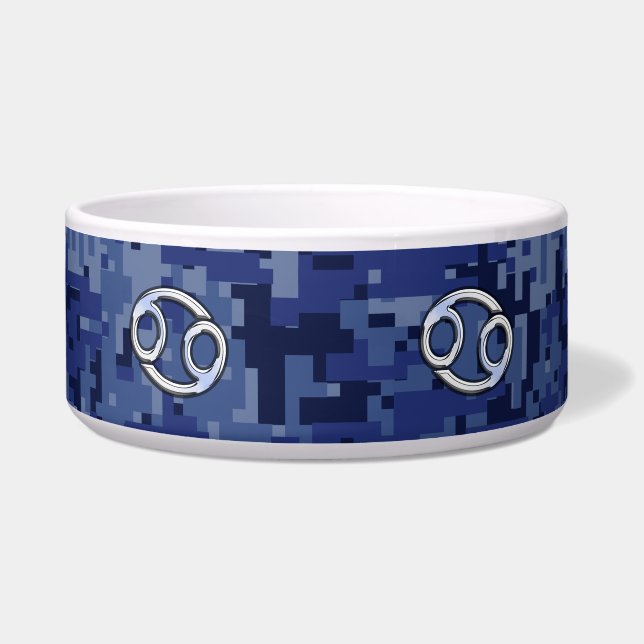 Silver Cancer Zodiac Sign Navy Blue Digital Camo Voerbakje (Voorkant)