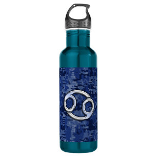 Silver Cancer Zodiac Sign Navy Blue Digital Camo Waterfles