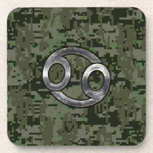 Silver Cancer Zodiac Sign on Green Digital Camo Drankjes Onderzetter