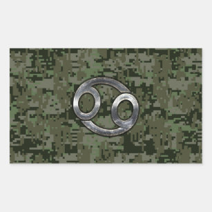Silver Cancer Zodiac Sign on Green Digital Camo Rechthoekige Sticker