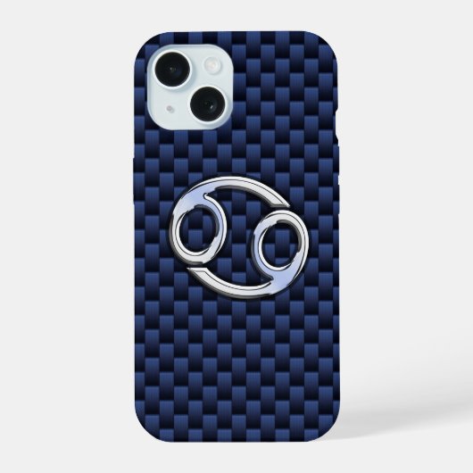Silver Cancer Zodiac Symbol Navy Carbon Fiber iPhone 15 Case (Achterkant)