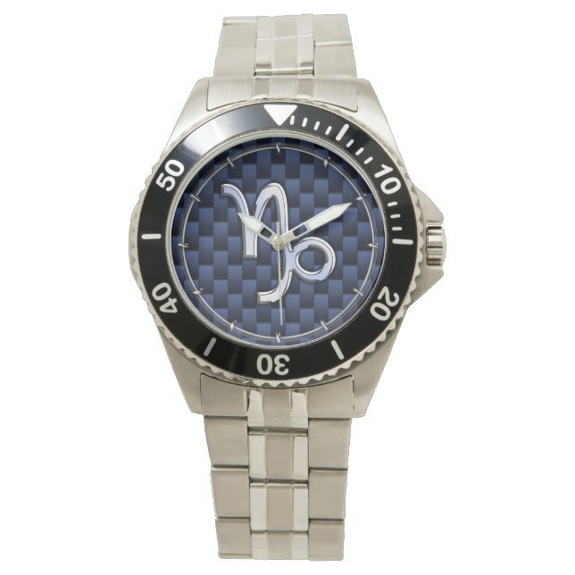 Silver Capricorn Zodiac Sign Blue Carbon Style Horloge (Voorkant)