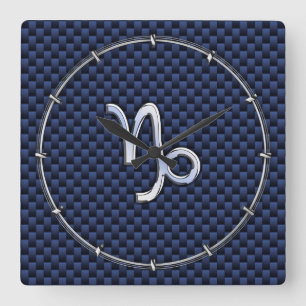 Silver Capricorn Zodiac Sign Blue Carbon Style Vierkante Klok