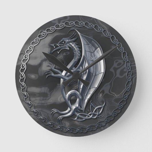 Silver Celtic Dragon Ronde Klok (Voorkant)