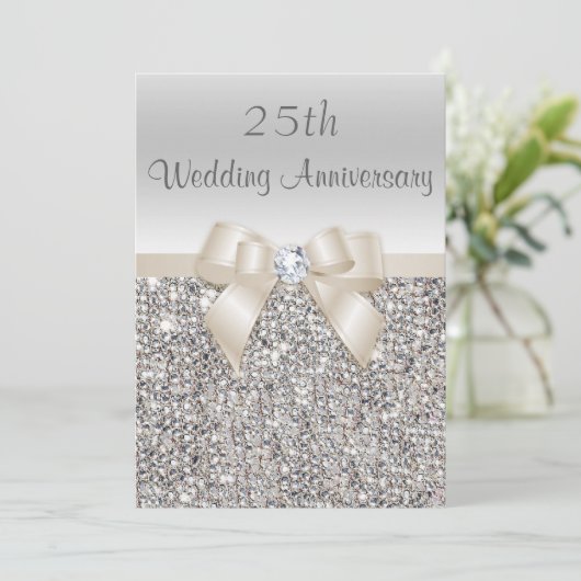 Silver Champagne 25th Wedding Jubileum Sequins Kaart (Staand voorkant)