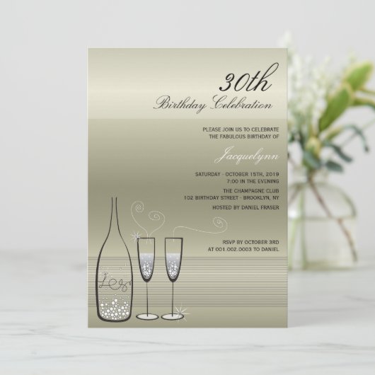 Silver Champagne Milestone Birthday Party Invite Kaart (Staand voorkant)