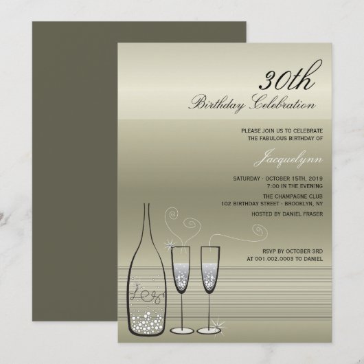 Silver Champagne Milestone Birthday Party Invite Kaart (Voorkant / Achterkant)