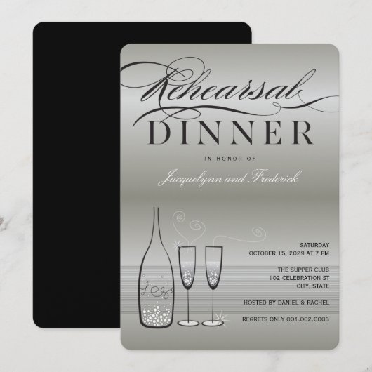 Silver Champagne Rehearsal Dinner Party Invite Kaart (Voorkant / Achterkant)