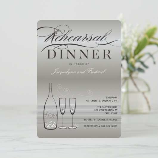 Silver Champagne Rehearsal Dinner Party Invite Kaart (Staand voorkant)