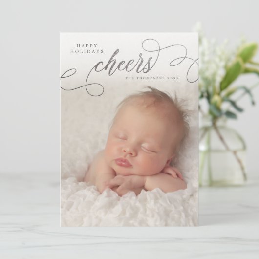 Silver Cheers Script Overlay Foto Wenskaarten Kaart (Staand voorkant)
